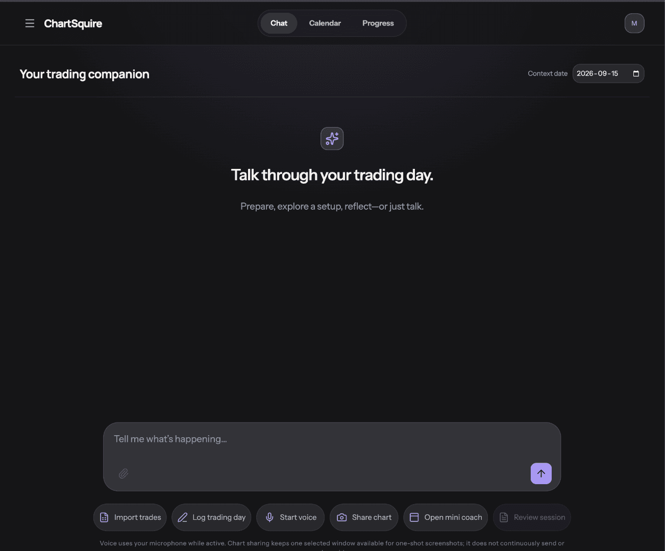 ChartSquire Chat view with the trading-day conversation composer