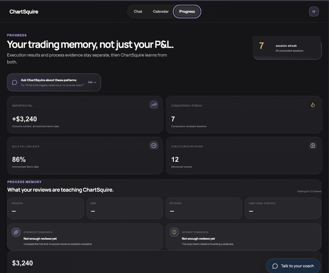 ChartSquire Progress view showing process memory and analytics